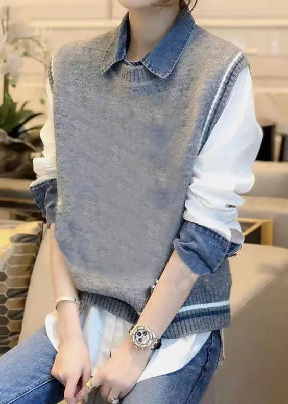 Casual Grey Denim Patchwork Shirt And Vest Autumn New Two-Piece Set Ada Fashion