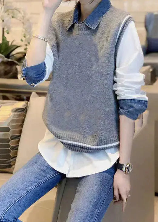 Casual Grey Denim Patchwork Shirt And Vest Autumn New Two-Piece Set Ada Fashion