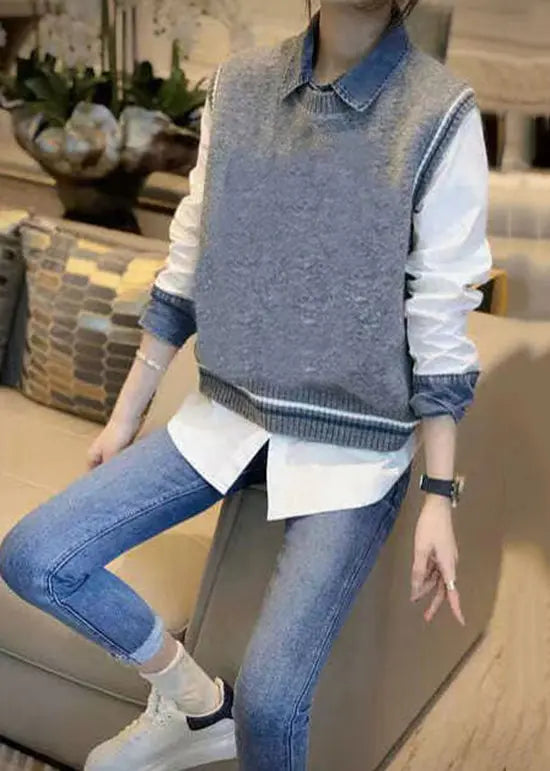 Casual Grey Denim Patchwork Shirt And Vest Autumn New Two-Piece Set Ada Fashion