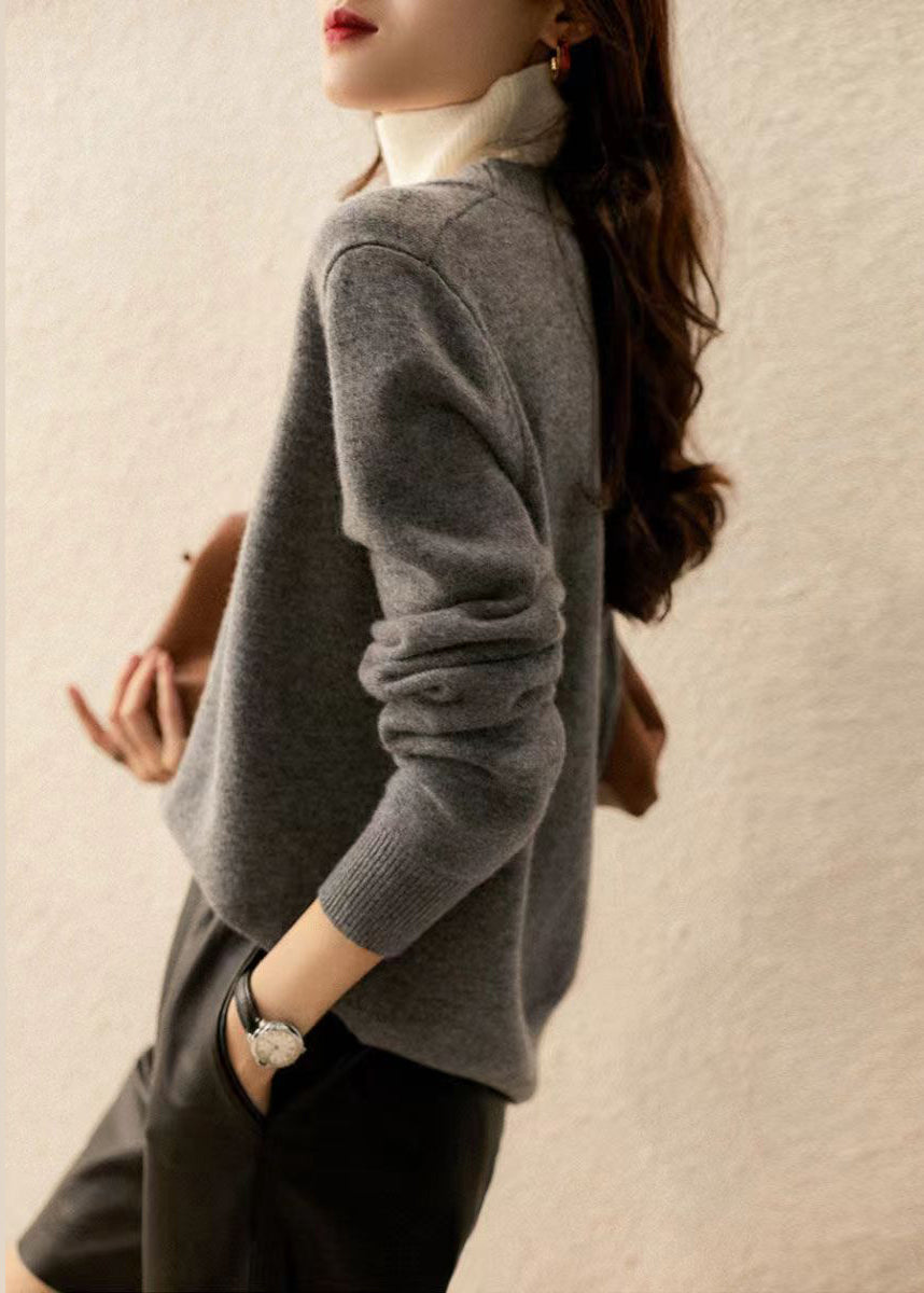 Casual Grey Hign Neck Thick Patchwork Woolen Knit Pullover Fall LY9615 Ada Fashion