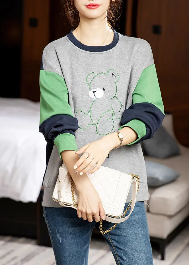 Casual Grey O-Neck Embroideried Patchwork Cotton Sweatshirt Long Sleeve Ada Fashion