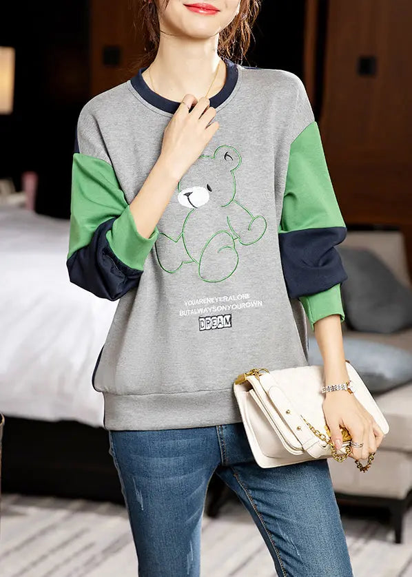 Casual Grey O-Neck Embroideried Patchwork Cotton Sweatshirt Long Sleeve Ada Fashion