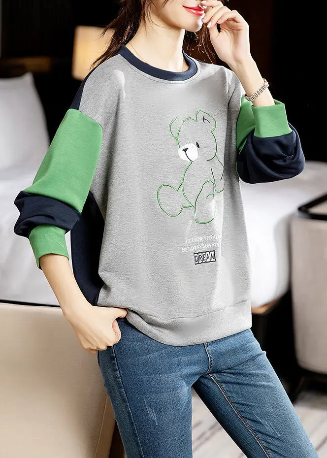 Casual Grey O-Neck Embroideried Patchwork Cotton Sweatshirt Long Sleeve Ada Fashion