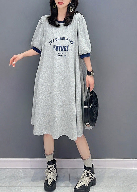 Casual Grey O-Neck Graphic Print Maxi Dress Summer LY4384 - fabuloryshop