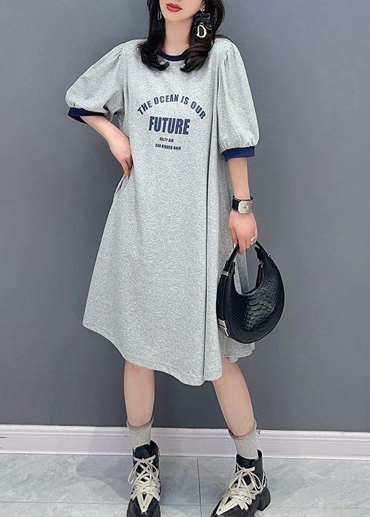 Casual Grey O-Neck Graphic Print Maxi Dress Summer LY4384 - fabuloryshop