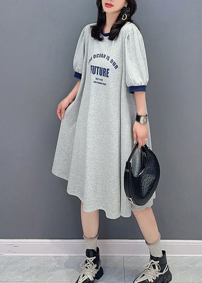 Casual Grey O-Neck Graphic Print Maxi Dress Summer LY4384 - fabuloryshop