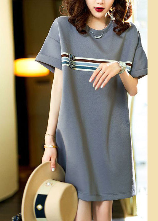 Casual Grey O Neck Zircon Patchwork Cotton T Shirt Dresses Summer LY3822 - fabuloryshop