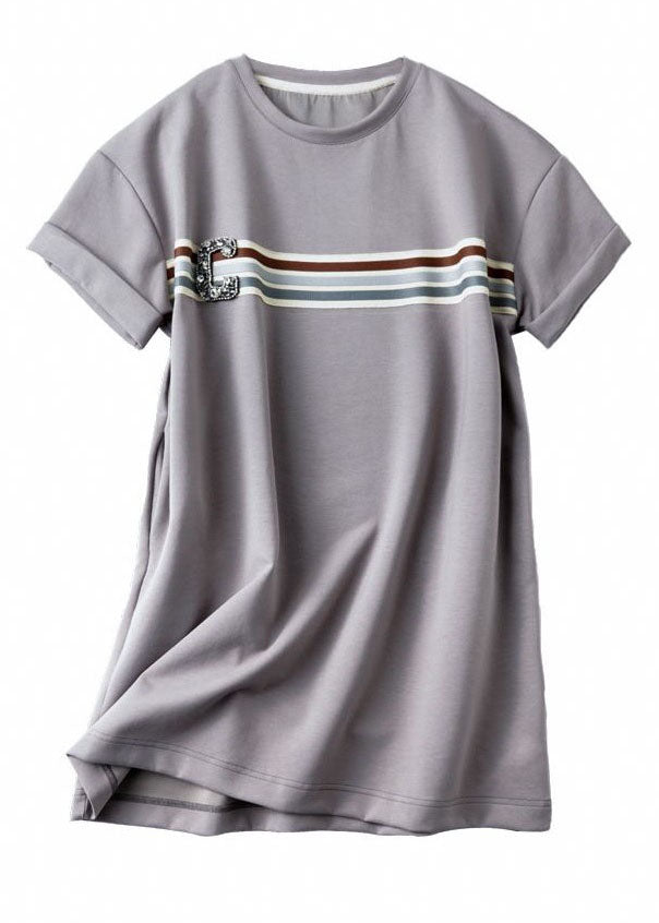 Casual Grey O Neck Zircon Patchwork Cotton T Shirt Dresses Summer LY3822 - fabuloryshop