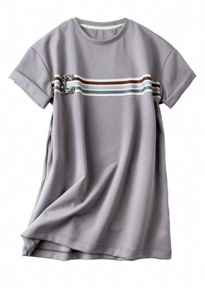 Casual Grey O Neck Zircon Patchwork Cotton T Shirt Dresses Summer LY3822 - fabuloryshop