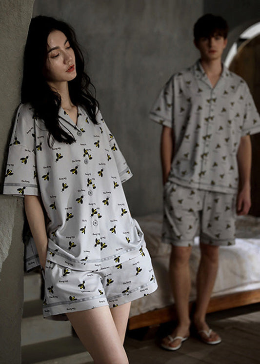 Casual Grey Peter Pan Collar Print Button Cotton Couple Pajamas Two Pieces Set Summer TO1059 - fabuloryshop