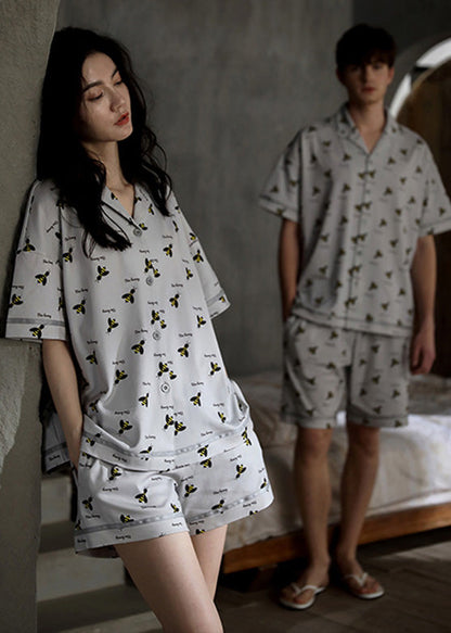 Casual Grey Peter Pan Collar Print Button Cotton Couple Pajamas Two Pieces Set Summer LY1867 - fabuloryshop