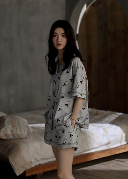 Casual Grey Peter Pan Collar Print Button Cotton Couple Pajamas Two Pieces Set Summer LY1867 - fabuloryshop