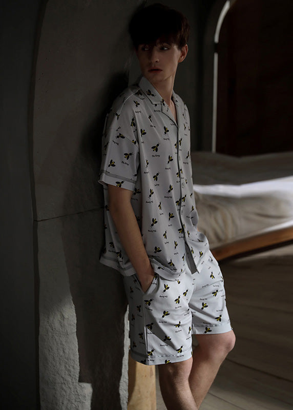 Casual Grey Peter Pan Collar Print Button Cotton Couple Pajamas Two Pieces Set Summer LY1867 - fabuloryshop