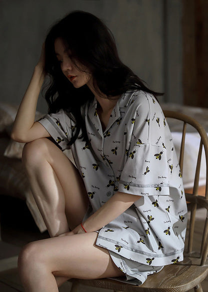 Casual Grey Peter Pan Collar Print Button Cotton Couple Pajamas Two Pieces Set Summer LY1867 - fabuloryshop