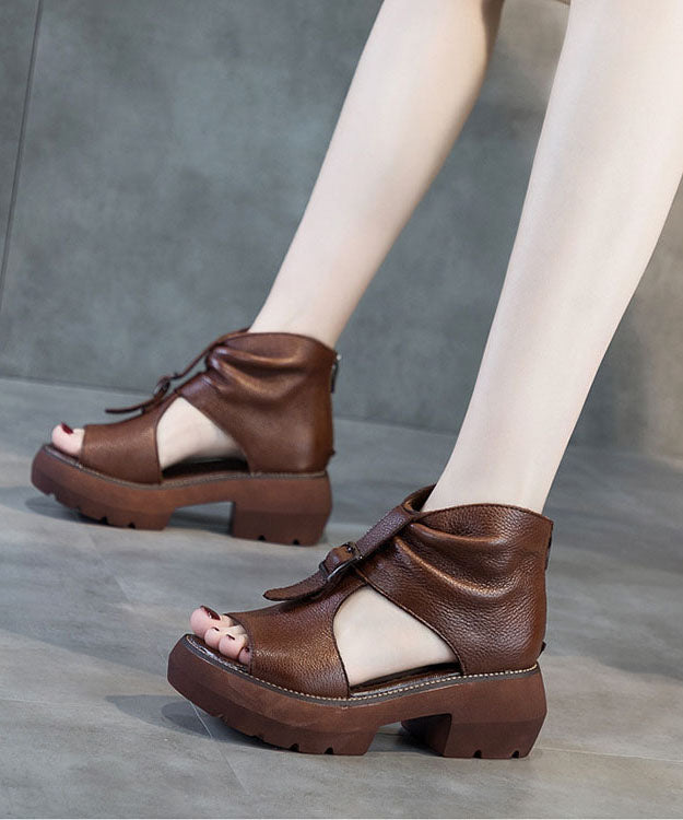 Casual Hollow Out Wedge Sandals Brown Cowhide Leather Platform Chunky High Heels LC0524 - fabuloryshop