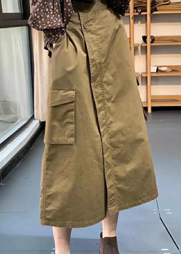 Casual Khaki Button Pockets Patchwork Cotton Skirt Fall Ada Fashion