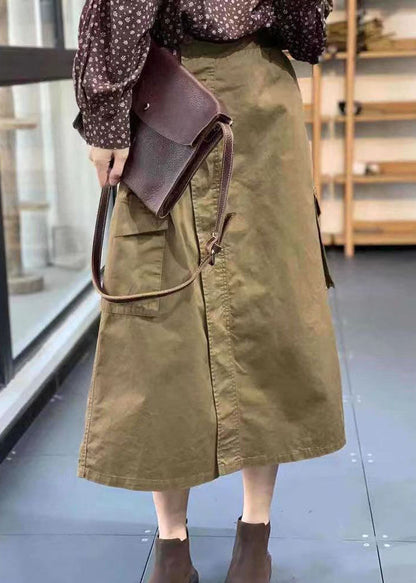 Casual Khaki Button Pockets Patchwork Cotton Skirt Fall Ada Fashion