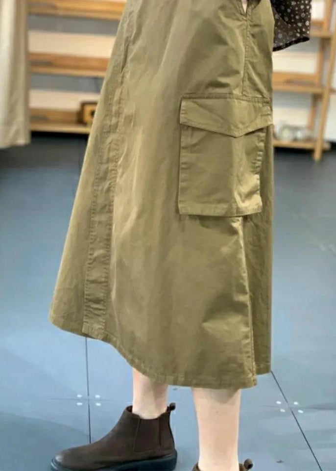 Casual Khaki Button Pockets Patchwork Cotton Skirt Fall Ada Fashion