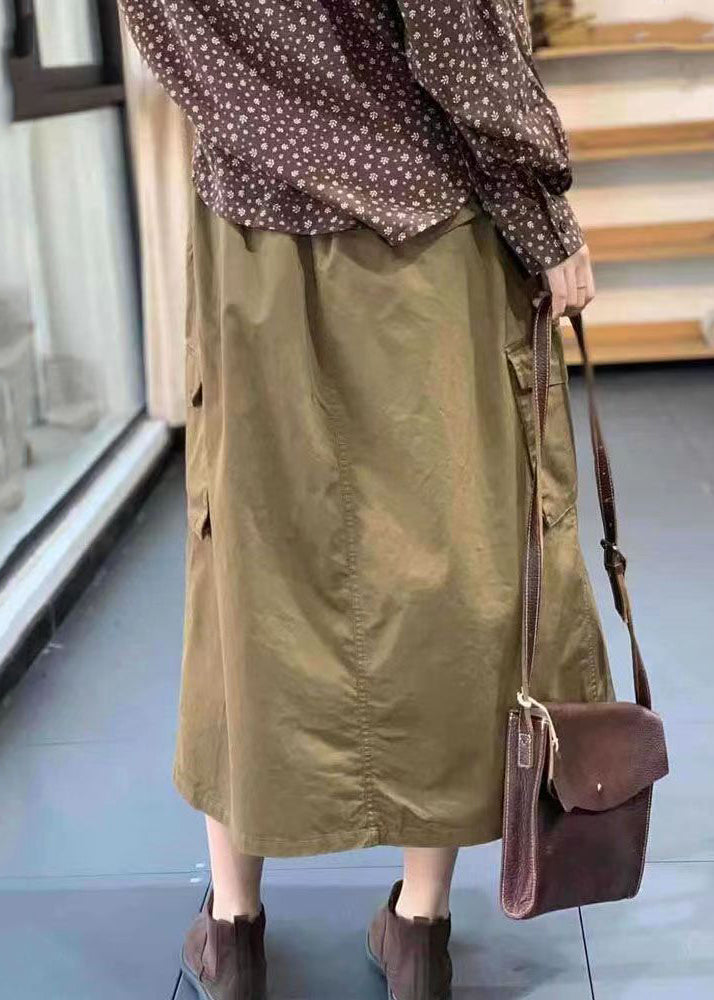 Casual Khaki Button Pockets Patchwork Cotton Skirt Fall Ada Fashion