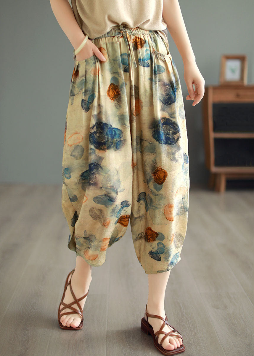 Casual Khaki Elastic Waist Pockets Print Patchwork Cotton Lantern Pants Summer Ada Fashion