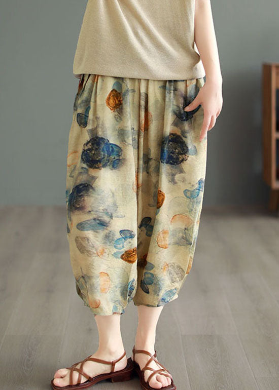 Casual Khaki Elastic Waist Pockets Print Patchwork Cotton Lantern Pants Summer Ada Fashion