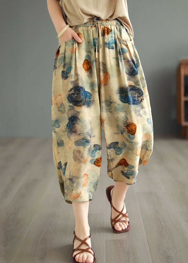 Casual Khaki Elastic Waist Pockets Print Patchwork Cotton Lantern Pants Summer Ada Fashion