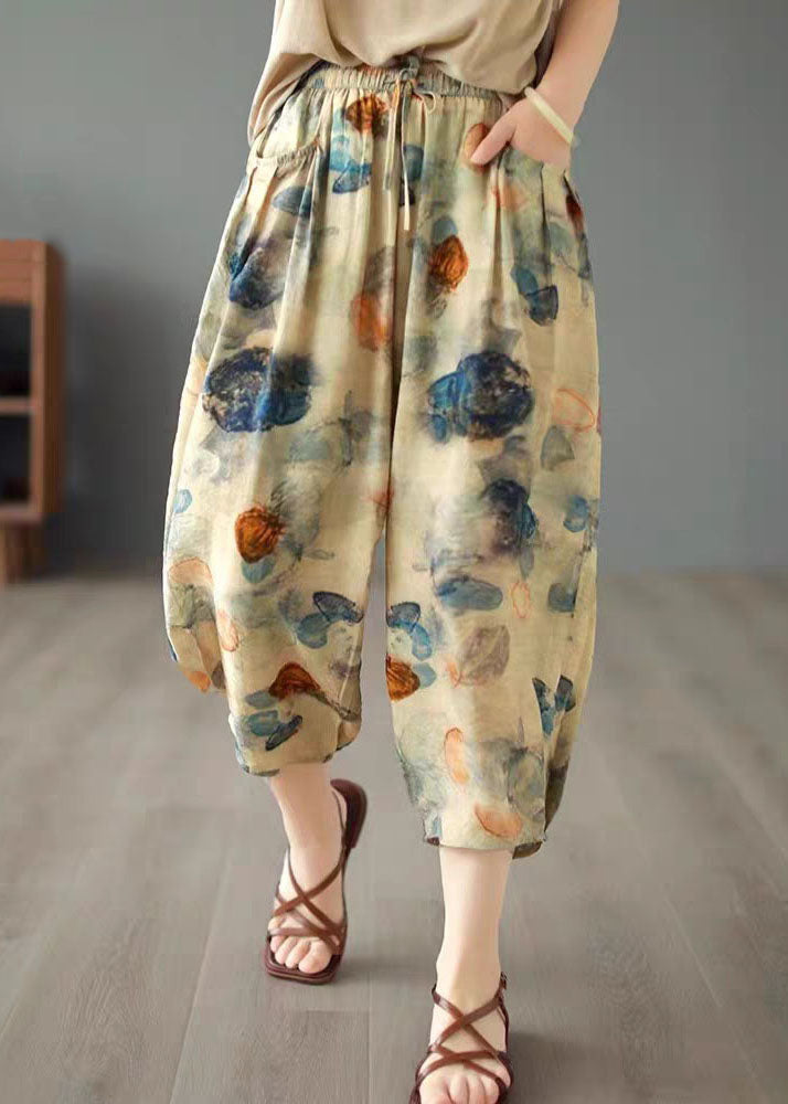 Casual Khaki Elastic Waist Pockets Print Patchwork Cotton Lantern Pants Summer Ada Fashion