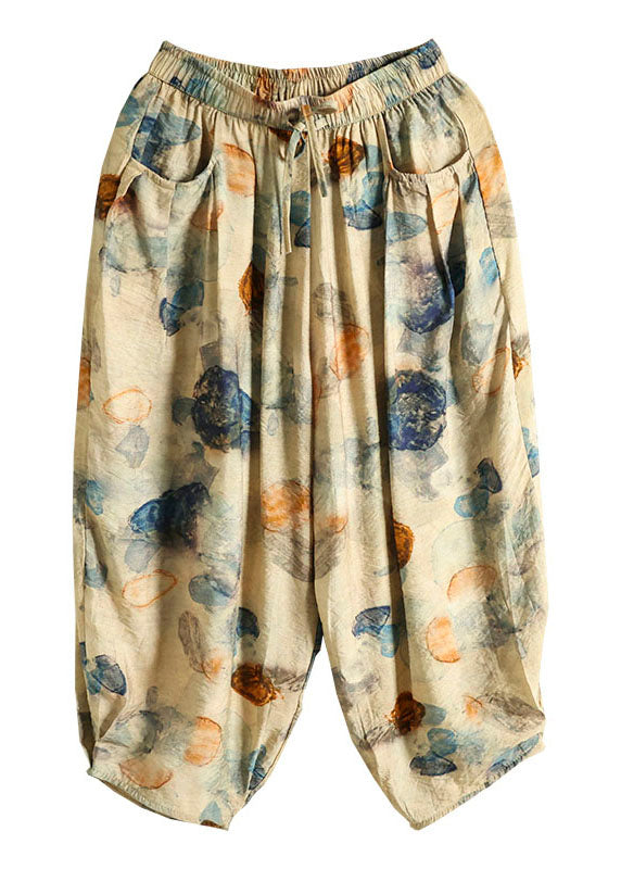 Casual Khaki Elastic Waist Pockets Print Patchwork Cotton Lantern Pants Summer Ada Fashion