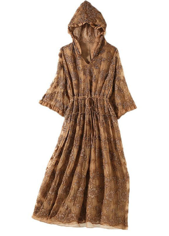 Casual Khaki Hooded Embroideried Silk Cinched Dress Summer LY0685
