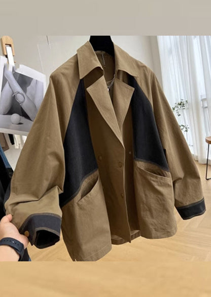 Casual Khaki Notched Pockets Patchwork Button Coat Long Sleeve Ada Fashion