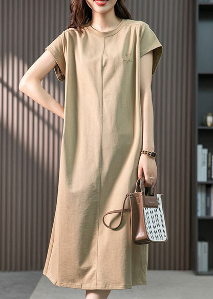 Casual Khaki O-Neck Embroideried Cozy Cotton Maxi Dresses Short Sleeve LY1759 - fabuloryshop