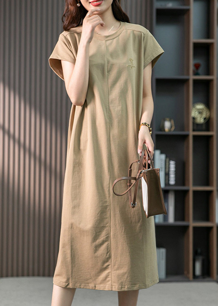 Casual Khaki O-Neck Embroideried Cozy Cotton Maxi Dresses Short Sleeve LY1759 - fabuloryshop