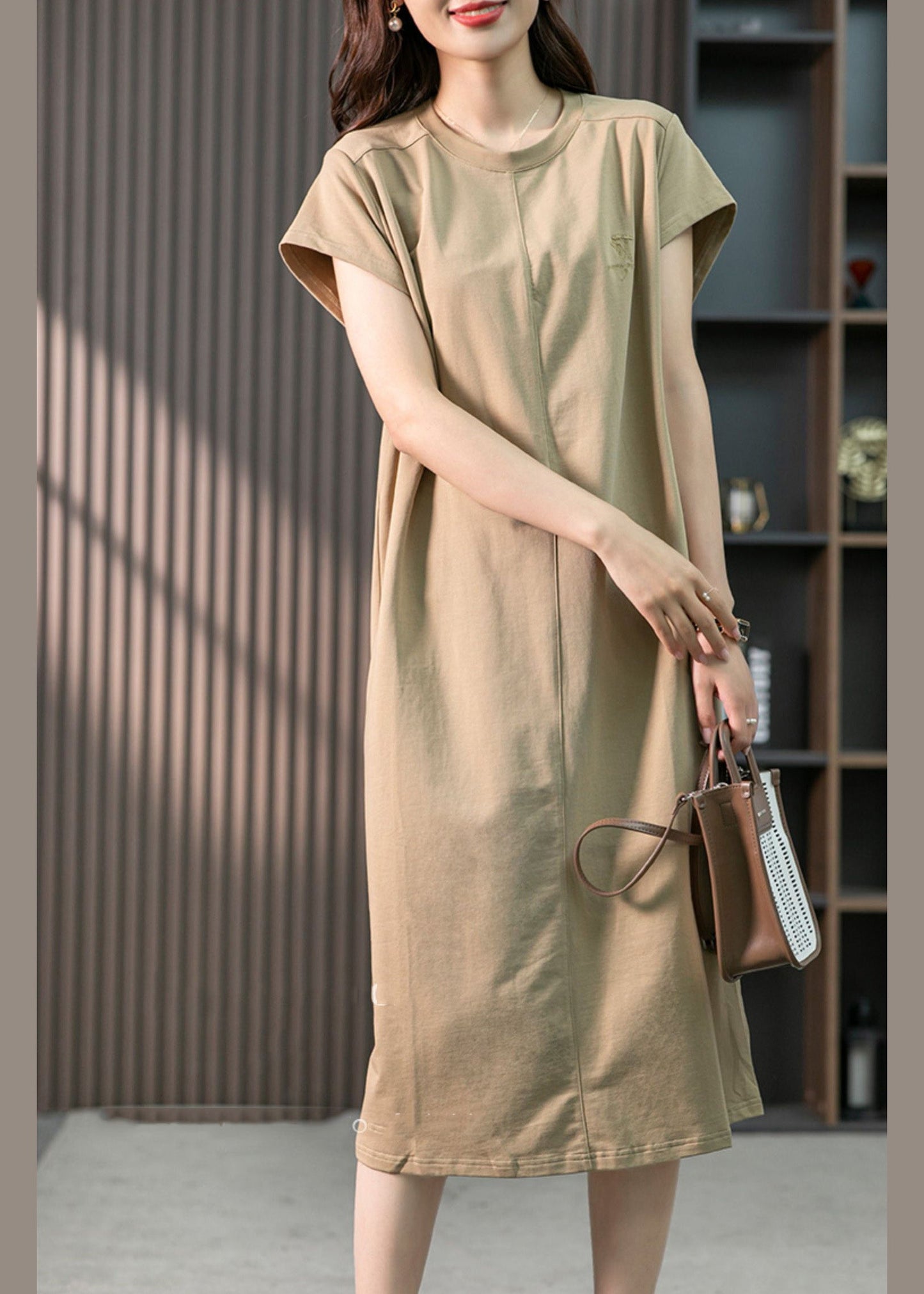 Casual Khaki O-Neck Embroideried Cozy Cotton Maxi Dresses Short Sleeve LY1759 - fabuloryshop