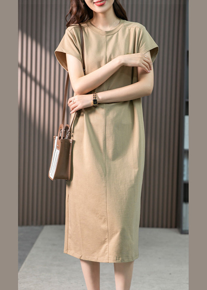 Casual Khaki O-Neck Embroideried Cozy Cotton Maxi Dresses Short Sleeve LY1759 - fabuloryshop