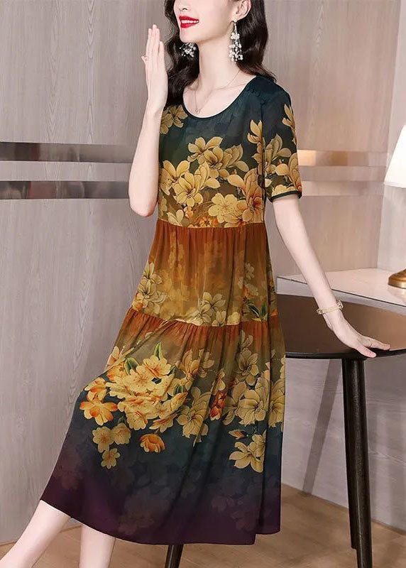 Casual Khaki O-Neck Patchwork Print Silk Long Dress Summer TH1020 - fabuloryshop