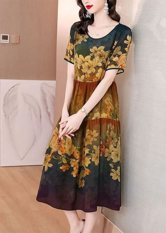 Casual Khaki O-Neck Patchwork Print Silk Long Dress Summer TH1020 - fabuloryshop