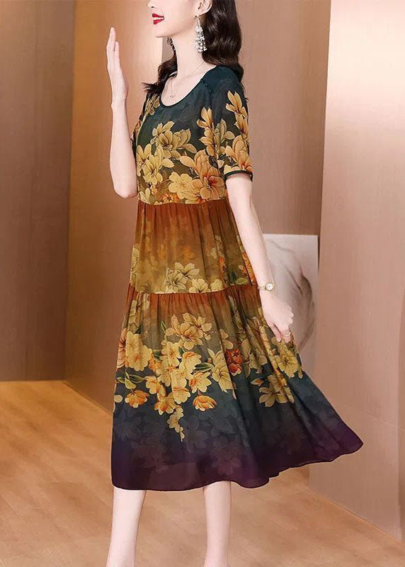 Casual Khaki O-Neck Patchwork Print Silk Long Dress Summer TH1020 - fabuloryshop