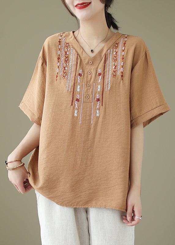 Casual Khaki Oversized Embroideried Cotton Blouse Tops Summer LY4939 - fabuloryshop