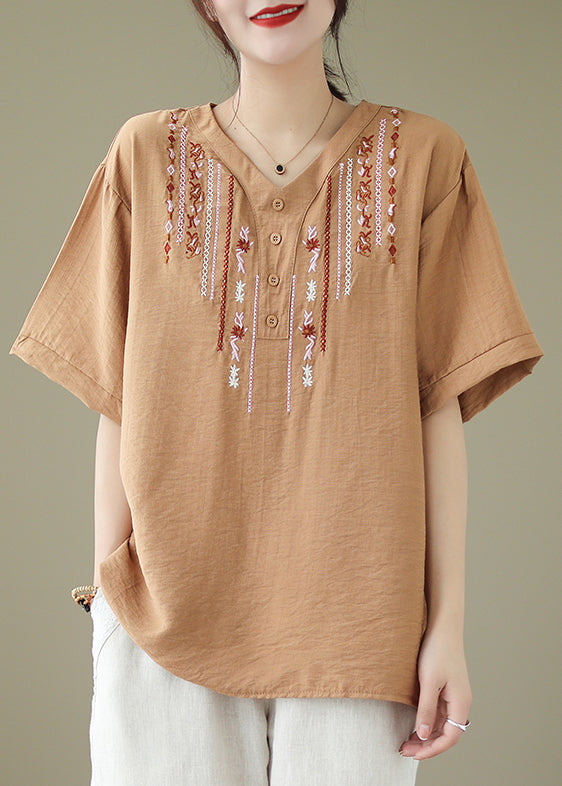 Casual Khaki Oversized Embroideried Cotton Blouse Tops Summer LY4939 - fabuloryshop