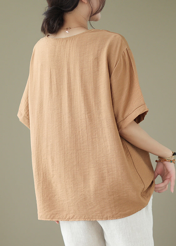 Casual Khaki Oversized Embroideried Cotton Blouse Tops Summer LY4939 - fabuloryshop