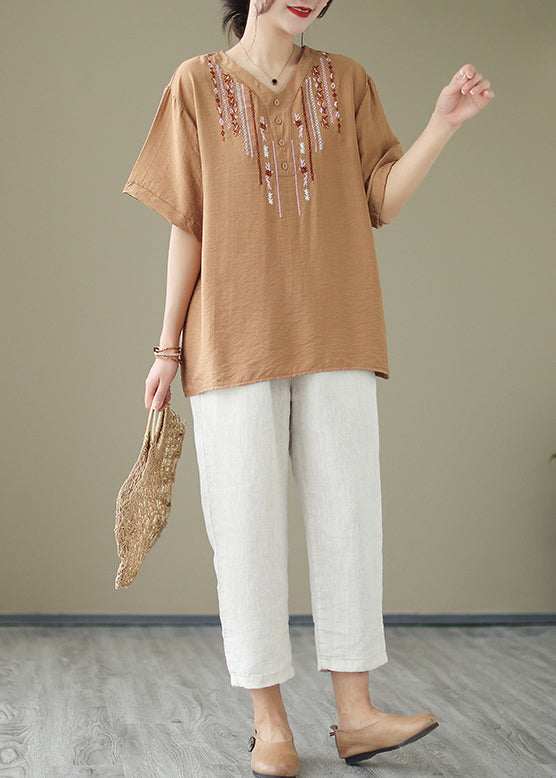 Casual Khaki Oversized Embroideried Cotton Blouse Tops Summer LY4939 - fabuloryshop