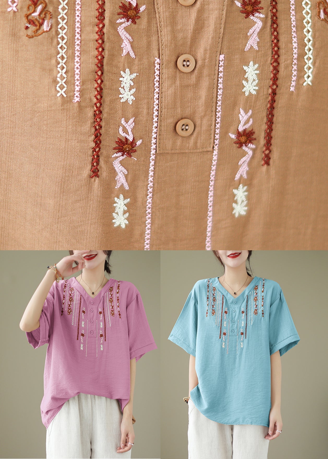 Casual Khaki Oversized Embroideried Cotton Blouse Tops Summer LY4939 - fabuloryshop