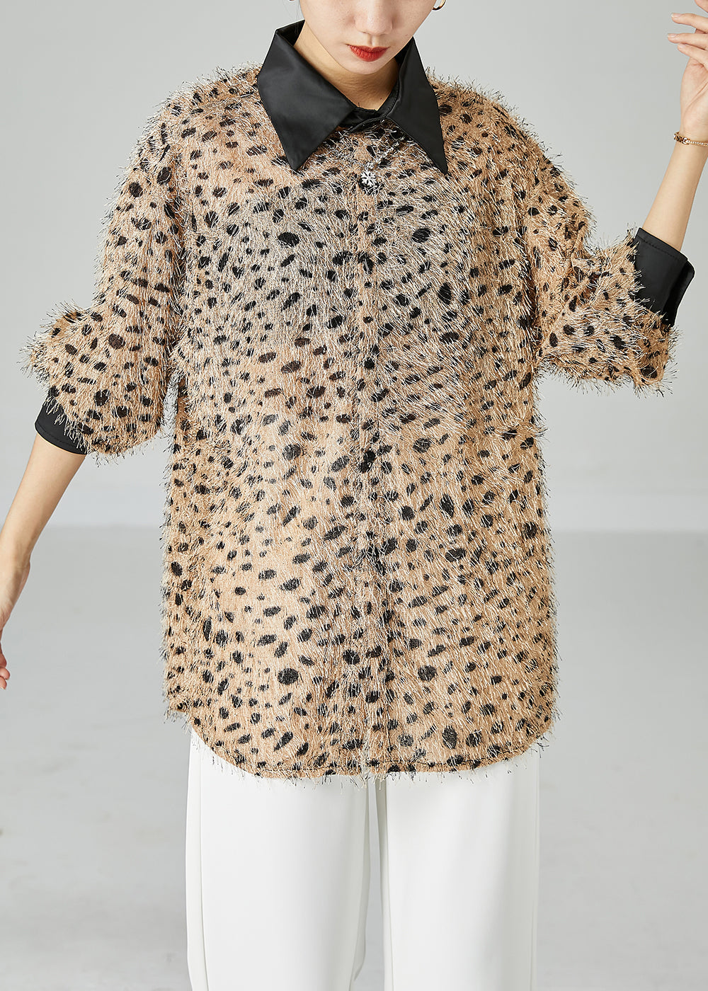 Casual Khaki Oversized Fluffy Leopard Print Top Long Sleeve LY6077 - fabuloryshop