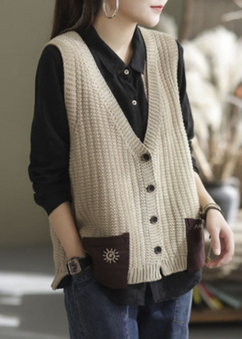 Casual Khaki Oversized Patchwork Pockets Knit Vest Sleeveless TG1057 - fabuloryshop