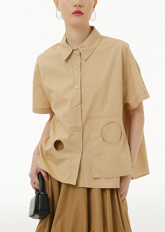 Casual Khaki Peter Pan Collar Button Solid Cotton Shirt Summer LY1225 - fabuloryshop