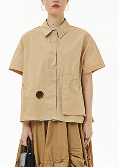 Casual Khaki Peter Pan Collar Button Solid Cotton Shirt Summer LY1225 - fabuloryshop