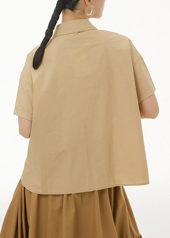 Casual Khaki Peter Pan Collar Button Solid Cotton Shirt Summer LY1225 - fabuloryshop