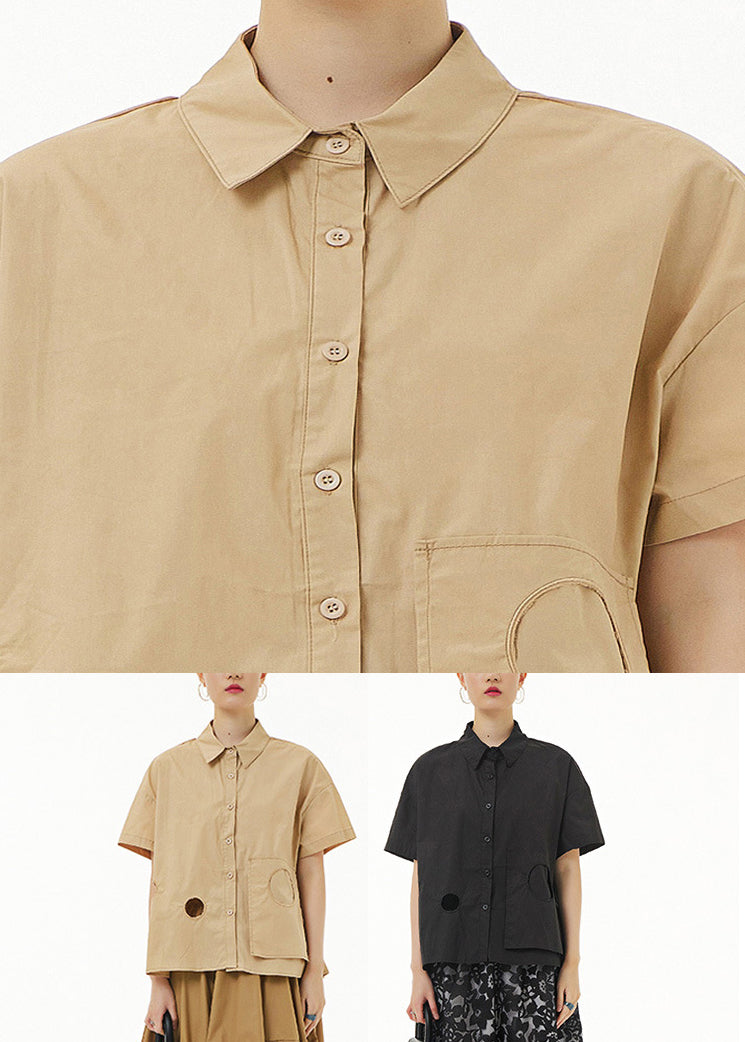 Casual Khaki Peter Pan Collar Button Solid Cotton Shirt Summer LY1225 - fabuloryshop