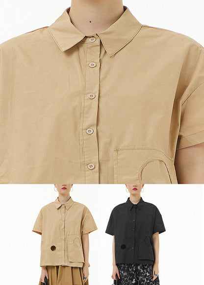 Casual Khaki Peter Pan Collar Button Solid Cotton Shirt Summer LY1225 - fabuloryshop