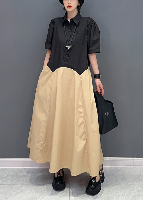 Casual Khaki Peter Pan Collar Patchwork Cotton Maxi Dress  Summer LY0559 - fabuloryshop